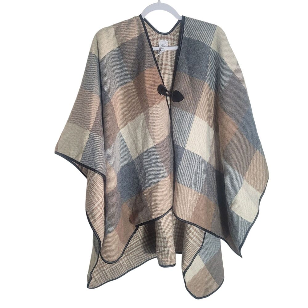 Kmart Reversible Fleece Poncho Women's One Size Plaid Faux Leather Trim Preppy